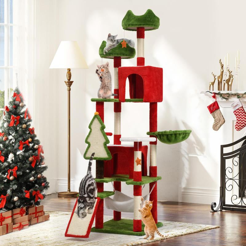 YITAHOME Gothic and Holiday-Themed Cat Tree with Coffin Bed, 38.6 to 75 inches Tall, Featuring Top Perch, Spacious Condos, Comfortable Hammock, Scratching Post, and Ladder in Black and Red