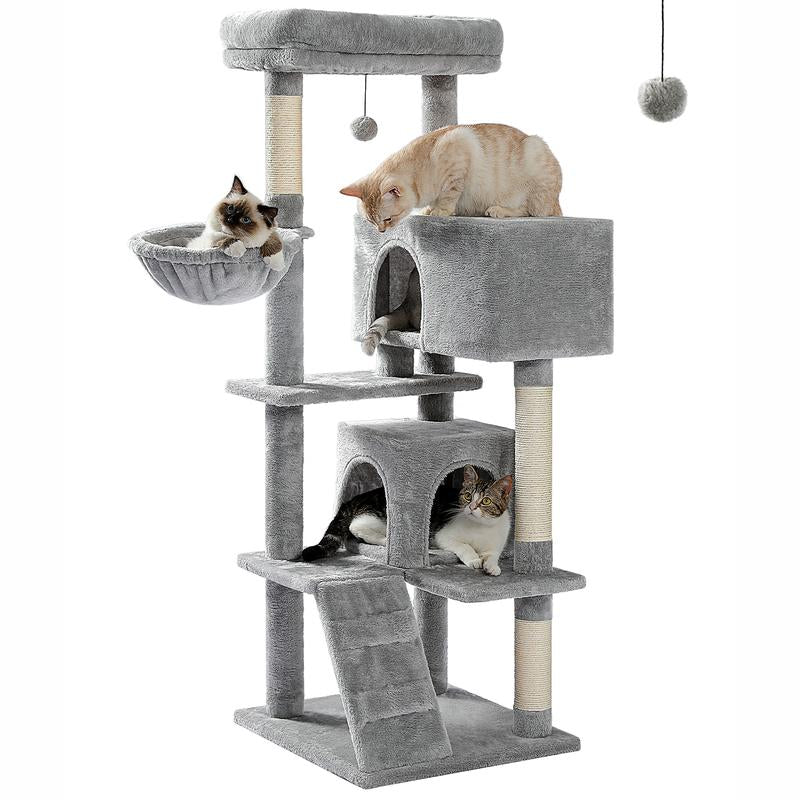 Cat Tree for Large Cats Adult with Super Large Top Perch, 56.3" Cat Tower for Large Cats with Plush Hammock, Cat Shelves and Dangling Pompom, Cat Scratching Posts and 2 Condos Houses N054