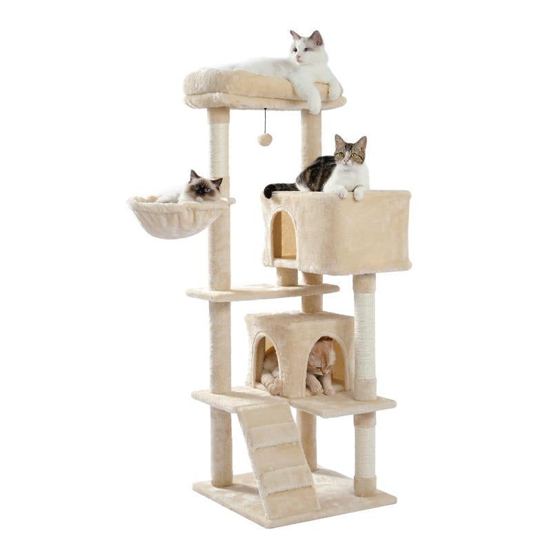 Cat Tree for Large Cats Adult with Super Large Top Perch, 56.3" Cat Tower for Large Cats with Plush Hammock, Cat Shelves and Dangling Pompom, Cat Scratching Posts and 2 Condos Houses N054