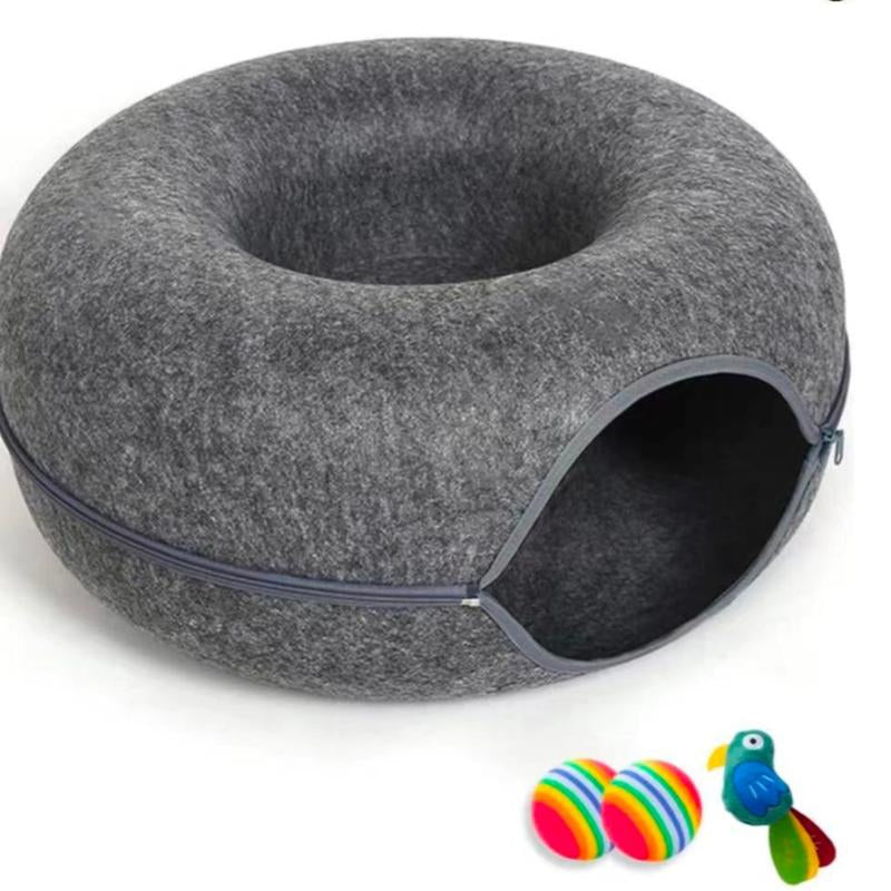 Large Cat Tunnel Bed for Indoor Cats with 3 Toys, Scratch Resistant Donut Cat Bed, up to 30 Lbs for Multiple Pets