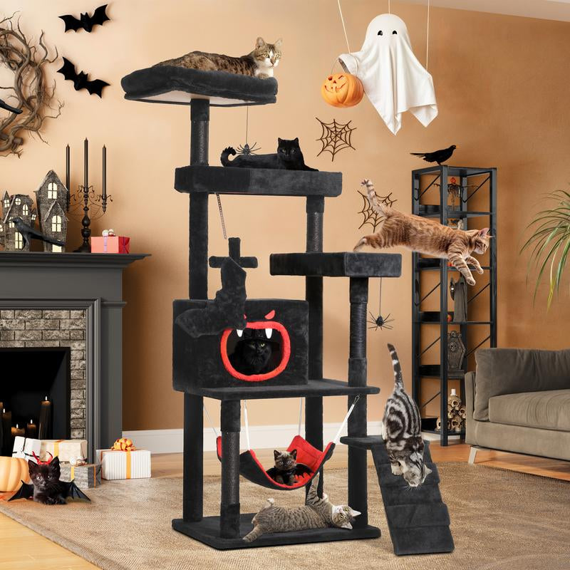 YITAHOME Gothic and Holiday-Themed Cat Tree with Coffin Bed, 38.6 to 75 inches Tall, Featuring Top Perch, Spacious Condos, Comfortable Hammock, Scratching Post, and Ladder in Black and Red