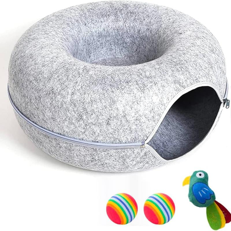 Large Cat Tunnel Bed for Indoor Cats with 3 Toys, Scratch Resistant Donut Cat Bed, up to 30 Lbs for Multiple Pets