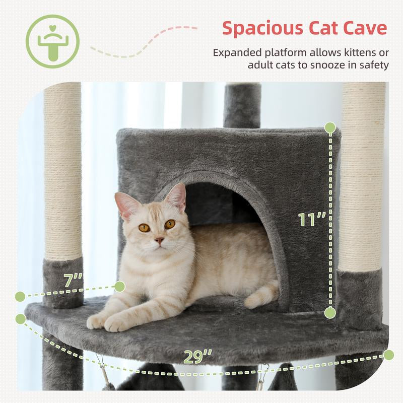 PAWZ Road Floor to Ceiling Cat Tree 92.9-101.6 Inches Height Adjustable, with Scratching Posts, Condo, Perches and Hammock for Indoor Cats Gray