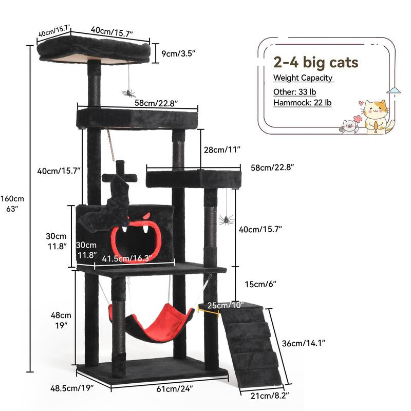 YITAHOME Gothic and Holiday-Themed Cat Tree with Coffin Bed, 38.6 to 75 inches Tall, Featuring Top Perch, Spacious Condos, Comfortable Hammock, Scratching Post, and Ladder in Black and Red