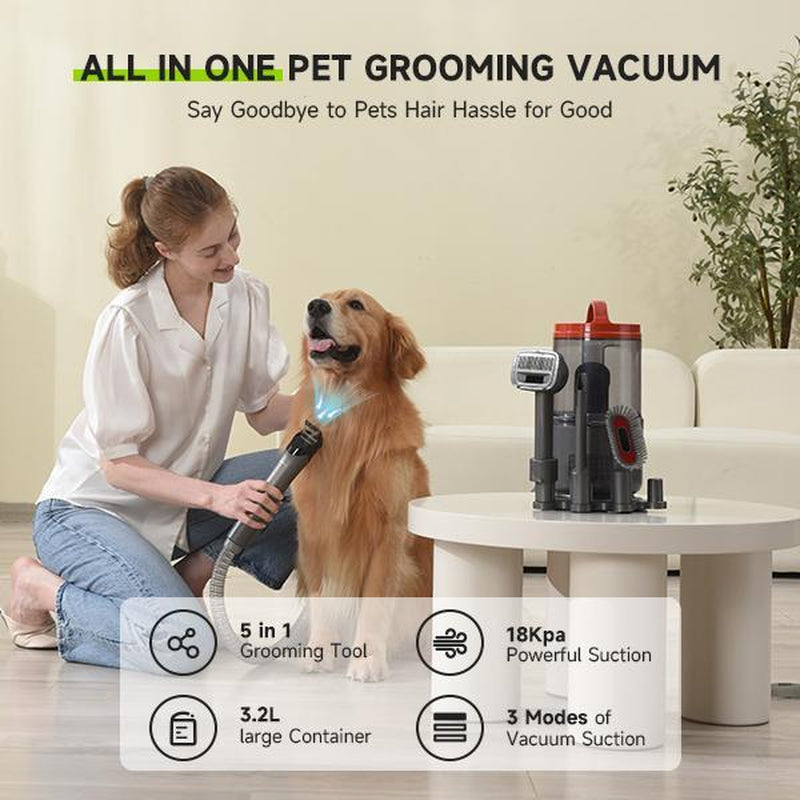 APETDOLA 5-In-1 Pet Grooming Vacuum, Grooming Kit for Shedding with 3.2 L Large Dust Cup,3 Modes of Vacuum Suction to 18Kpa, 8 Guard Combs, Grooming Vacuum for Dogs & Cats at Home