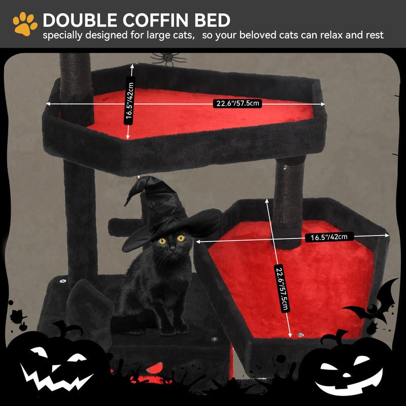 YITAHOME Gothic and Holiday-Themed Cat Tree with Coffin Bed, 38.6 to 75 inches Tall, Featuring Top Perch, Spacious Condos, Comfortable Hammock, Scratching Post, and Ladder in Black and Red