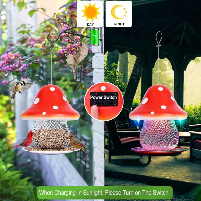 Red Mushroom Solar Bird Feeders - Outdoors Hanging, Color Changing Solar Garden Lantern, Metal Wild Bird Feeder for Cardinals Bird Seed Feeder 3.5LBS Capacity.