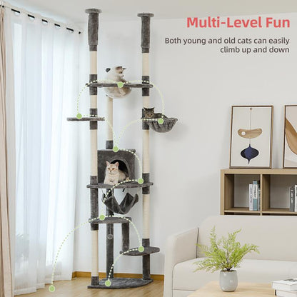 PAWZ Road Floor to Ceiling Cat Tree 92.9-101.6 Inches Height Adjustable, with Scratching Posts, Condo, Perches and Hammock for Indoor Cats Gray