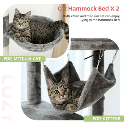 PAWZ Road Floor to Ceiling Cat Tree 92.9-101.6 Inches Height Adjustable, with Scratching Posts, Condo, Perches and Hammock for Indoor Cats Gray