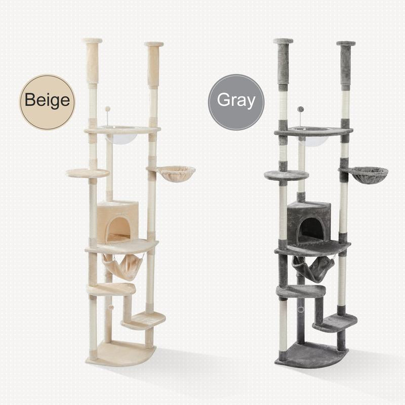 PAWZ Road Floor to Ceiling Cat Tree 92.9-101.6 Inches Height Adjustable, with Scratching Posts, Condo, Perches and Hammock for Indoor Cats Gray