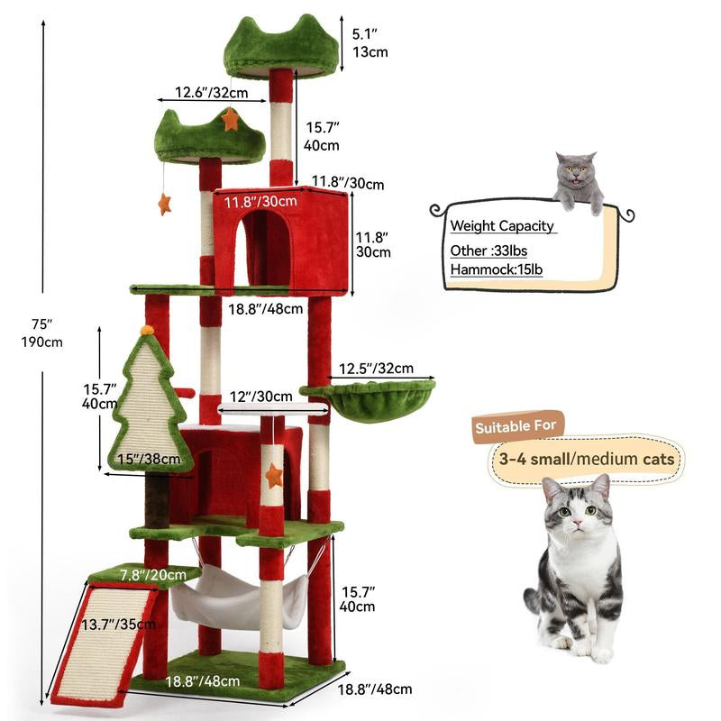 YITAHOME Gothic and Holiday-Themed Cat Tree with Coffin Bed, 38.6 to 75 inches Tall, Featuring Top Perch, Spacious Condos, Comfortable Hammock, Scratching Post, and Ladder in Black and Red