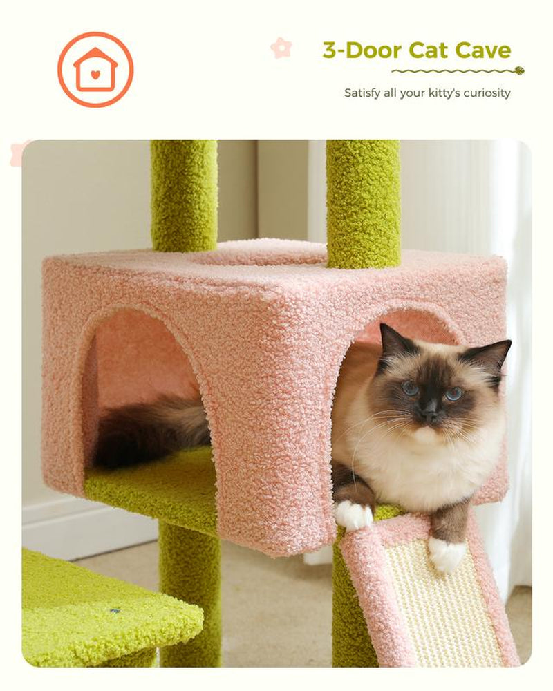 PAWZ Road Flower Cat Tree 47.2-Inch Multi-Level Cat Tower with Sisal Covered Scratching Posts, Condo for Indoor Cats, Perch, Ramp, Fluffy Ball