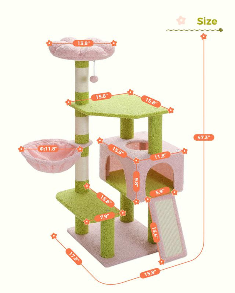 PAWZ Road Flower Cat Tree 47.2-Inch Multi-Level Cat Tower with Sisal Covered Scratching Posts, Condo for Indoor Cats, Perch, Ramp, Fluffy Ball