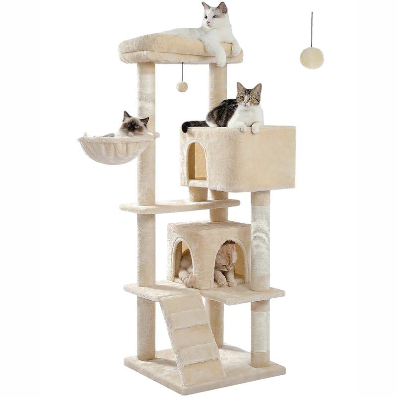 Cat Tree for Large Cats Adult with Super Large Top Perch, 56.3" Cat Tower for Large Cats with Plush Hammock, Cat Shelves and Dangling Pompom, Cat Scratching Posts and 2 Condos Houses N054