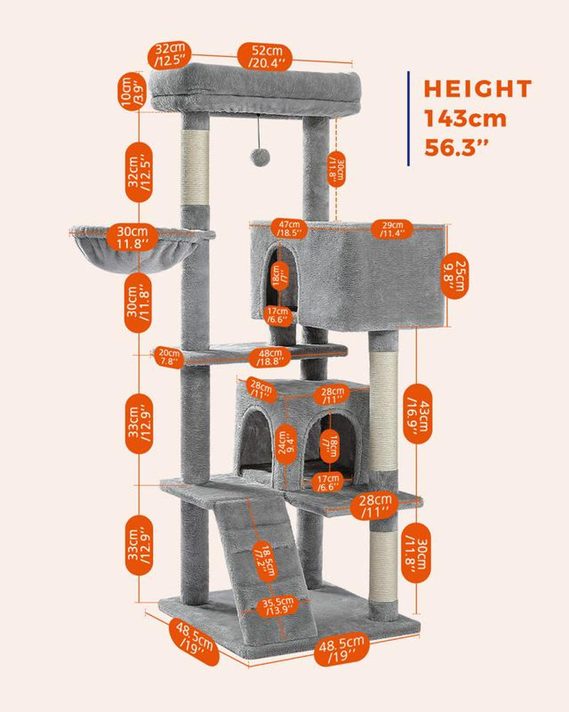 Cat Tree for Large Cats Adult with Super Large Top Perch, 56.3" Cat Tower for Large Cats with Plush Hammock, Cat Shelves and Dangling Pompom, Cat Scratching Posts and 2 Condos Houses N054