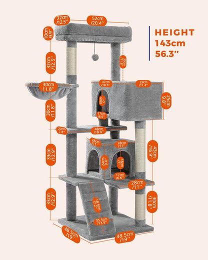 Cat Tree for Large Cats Adult with Super Large Top Perch, 56.3" Cat Tower for Large Cats with Plush Hammock, Cat Shelves and Dangling Pompom, Cat Scratching Posts and 2 Condos Houses N054