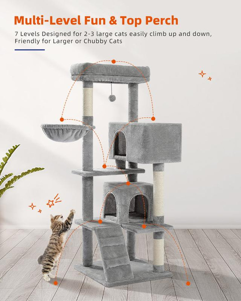 Cat Tree for Large Cats Adult with Super Large Top Perch, 56.3" Cat Tower for Large Cats with Plush Hammock, Cat Shelves and Dangling Pompom, Cat Scratching Posts and 2 Condos Houses N054