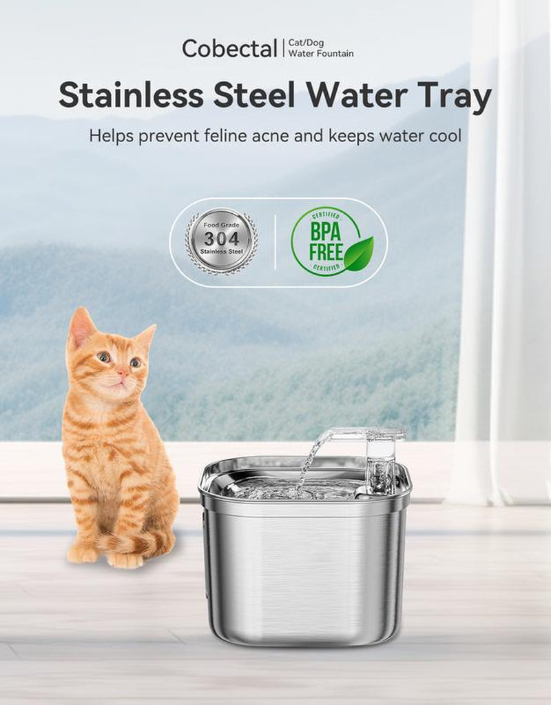 Premium Stainless Steel Cat Water Fountain with Multi-Filter System, No Sputter Design, Compact and Easy to Clean, 2.2L Large Capacity