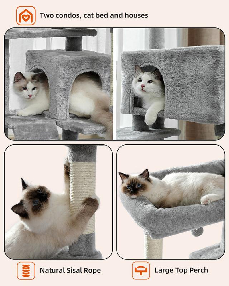 Cat Tree for Large Cats Adult with Super Large Top Perch, 56.3" Cat Tower for Large Cats with Plush Hammock, Cat Shelves and Dangling Pompom, Cat Scratching Posts and 2 Condos Houses N054