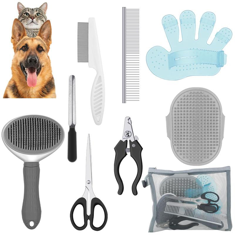 Pet Grooming Tool Set, Including Pet Grooming Brush & Scissors & Pet Nail Clipper & Cat Hair Remover & Pet Nail File & Storage Bag