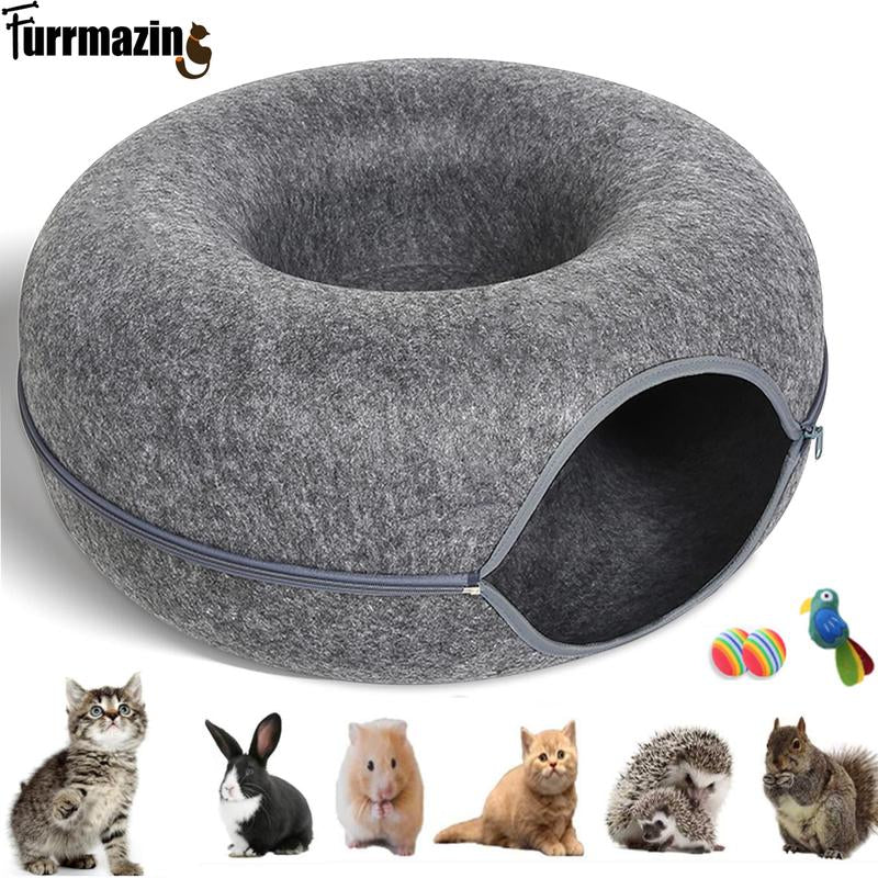 Large Cat Tunnel Bed for Indoor Cats with 3 Toys, Scratch Resistant Donut Cat Bed, up to 30 Lbs for Multiple Pets