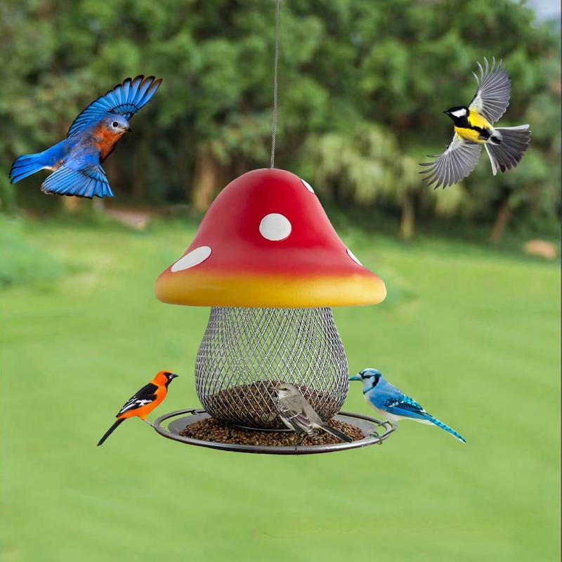 Red Mushroom Solar Bird Feeders - Outdoors Hanging, Color Changing Solar Garden Lantern, Metal Wild Bird Feeder for Cardinals Bird Seed Feeder 3.5LBS Capacity.