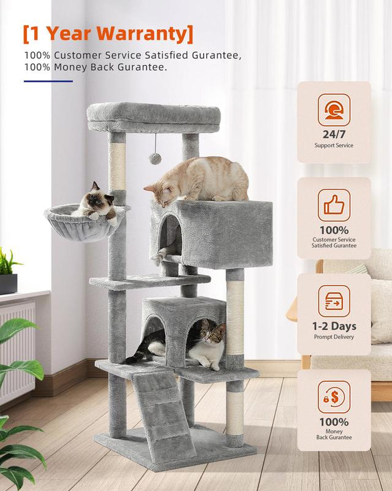 Cat Tree for Large Cats Adult with Super Large Top Perch, 56.3" Cat Tower for Large Cats with Plush Hammock, Cat Shelves and Dangling Pompom, Cat Scratching Posts and 2 Condos Houses N054