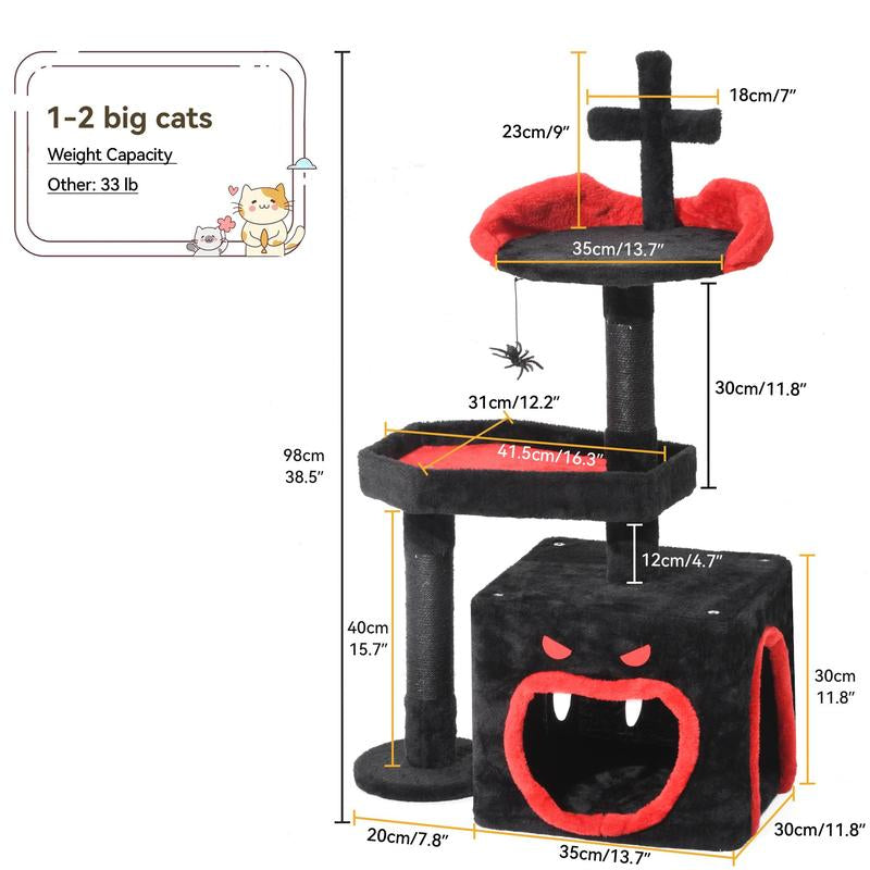 YITAHOME Gothic and Holiday-Themed Cat Tree with Coffin Bed, 38.6 to 75 inches Tall, Featuring Top Perch, Spacious Condos, Comfortable Hammock, Scratching Post, and Ladder in Black and Red