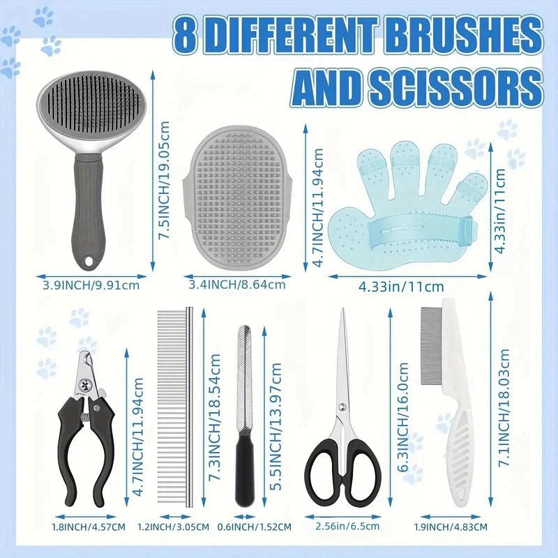 Pet Grooming Tool Set, Including Pet Grooming Brush & Scissors & Pet Nail Clipper & Cat Hair Remover & Pet Nail File & Storage Bag