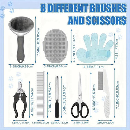 Pet Grooming Tool Set, Including Pet Grooming Brush & Scissors & Pet Nail Clipper & Cat Hair Remover & Pet Nail File & Storage Bag