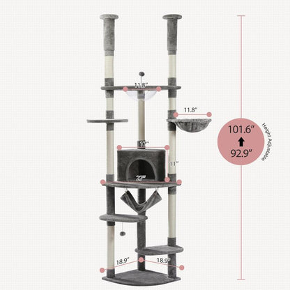 PAWZ Road Floor to Ceiling Cat Tree 92.9-101.6 Inches Height Adjustable, with Scratching Posts, Condo, Perches and Hammock for Indoor Cats Gray