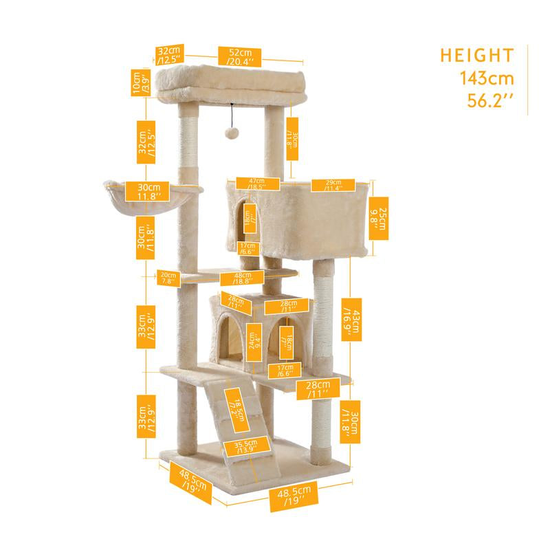 Cat Tree for Large Cats Adult with Super Large Top Perch, 56.3" Cat Tower for Large Cats with Plush Hammock, Cat Shelves and Dangling Pompom, Cat Scratching Posts and 2 Condos Houses N054