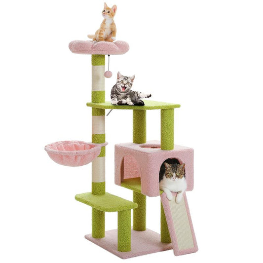 PAWZ Road Flower Cat Tree 47.2-Inch Multi-Level Cat Tower with Sisal Covered Scratching Posts, Condo for Indoor Cats, Perch, Ramp, Fluffy Ball