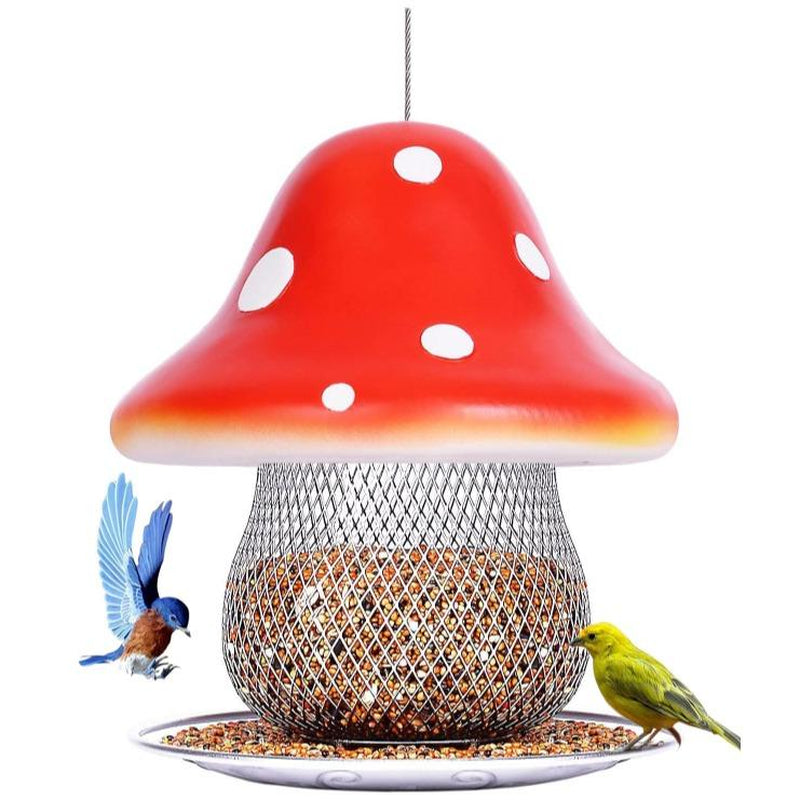 Red Mushroom Solar Bird Feeders - Outdoors Hanging, Color Changing Solar Garden Lantern, Metal Wild Bird Feeder for Cardinals Bird Seed Feeder 3.5LBS Capacity.